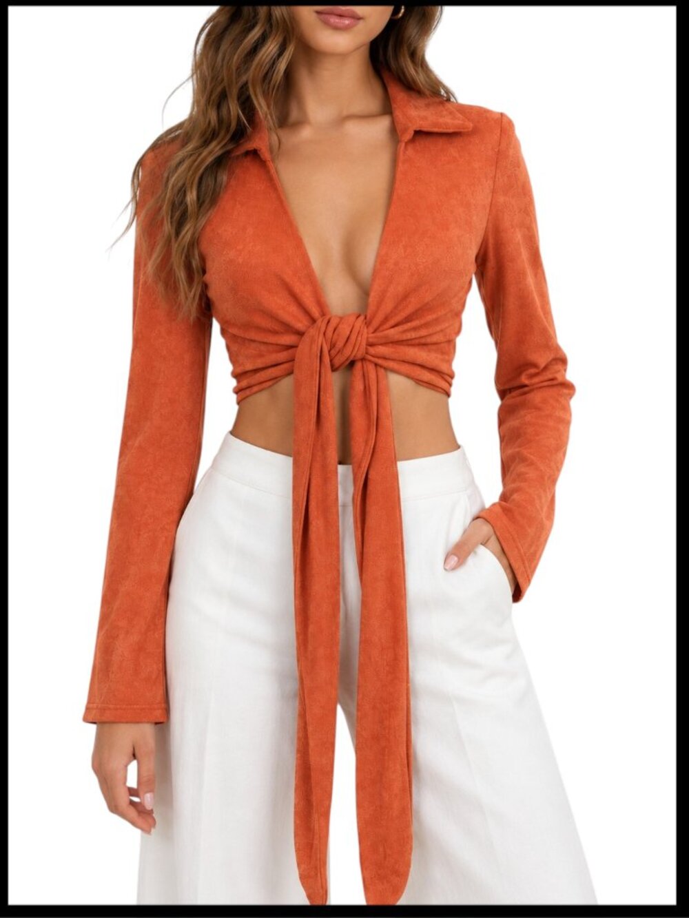 Fashion Nova Alya Blouse Orange Tie Waist Collared S